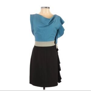 Fine Illusions lambs wool blend color block side ruffle sheath dress, small